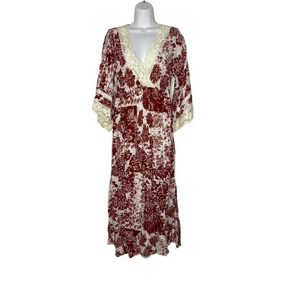 Raga Womens Faux Wrap Dress Red White Floral Back Keyhole V‎ Neck Lace S New - Picture 1 of 8